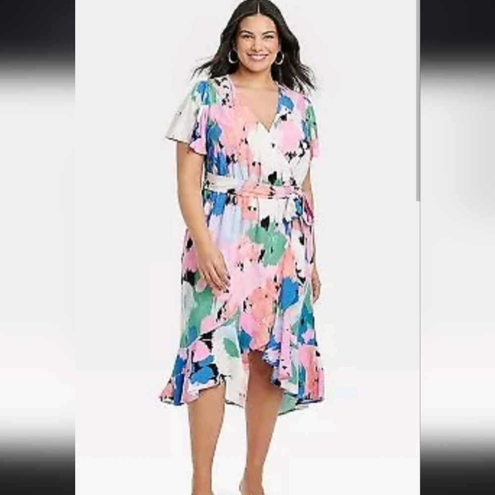 2X AVA & VIV Women's Floral Abstract Flutter Short Sleeve Midi Ruffle Wrap Dress